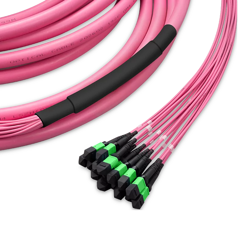 5m (16ft) Pre-terminated MPO Trunk Cable, 192 Fibers, 16 x MPO-12 APC (Male) to 16 x MPO-12 APC (Male) Multimode (OM4) Type B, LSZH, 0.35dB Max, Breakout 80cm, Double Jacket, Magenta SFPS