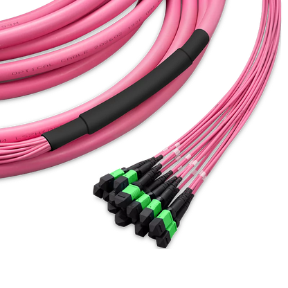 35m (115ft) Pre-terminated MPO Trunk Cable, 192 Fibers, 16 x MPO-12 APC (Male) to 16 x MPO-12 APC (Male) Multimode (OM4) Type B, LSZH, 0.35dB Max, Breakout 80cm, Double Jacket, Magenta SFPS