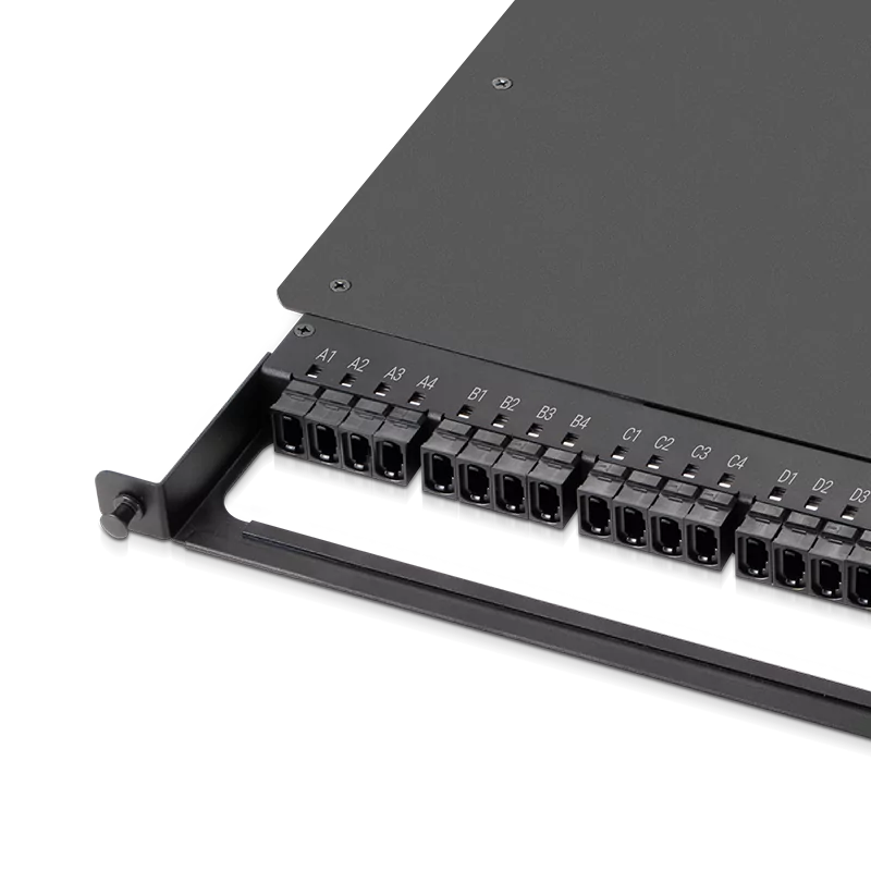0.5U Rack Mount Enclosure Loaded with 32x8F MPO Adapters, Male to Male, 128 Fibers, OS2 Single Mode, Type 4, 0.35dB Max SFPS
