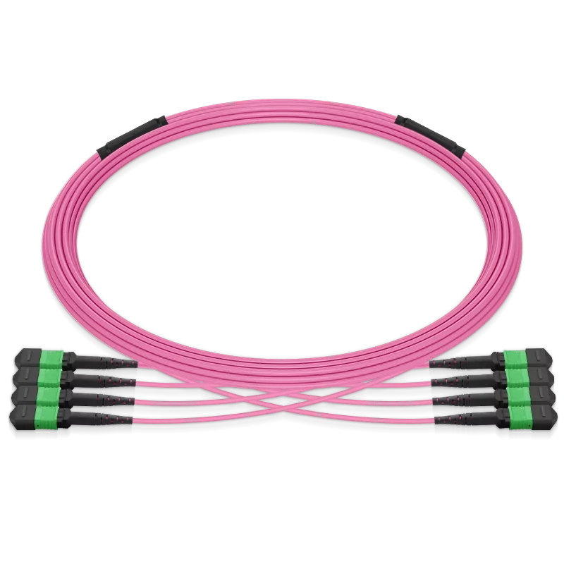 8m (26ft) Pre-terminated MPO 4x4 Shuffle Trunk Cable, 32 Fibers, 4xMPO-8 APC (Male) to 4xMPO-8 APC (Male), Multimode (OM4), Type 4, LSZH, 0.35dB Max, Breakout 80cm, Magenta SFPS