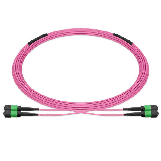 15m (49ft) Pre-terminated MPO 2x2 Shuffle Trunk Cable, 16 Fibers, 2xMPO-8 APC Male to 2xMPO-8 APC Male, Multimode (OM4), Type 2, LSZH, 0.35dB Max, Breakout 80cm, Magenta SFPS