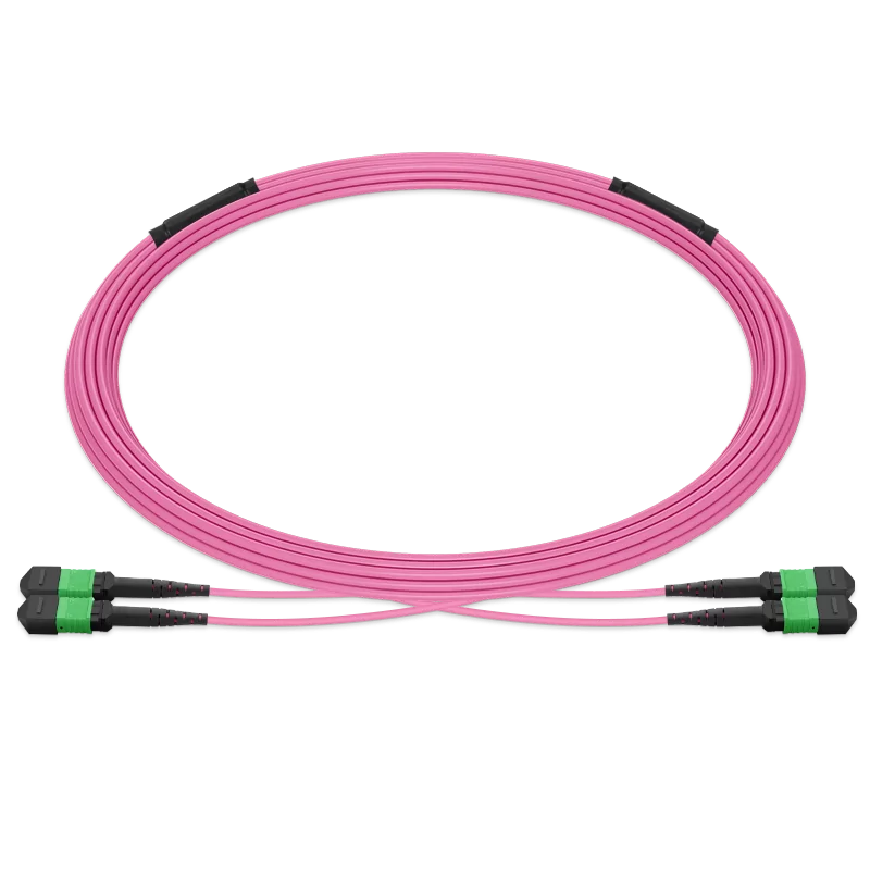 65m (213ft) Pre-terminated MPO 2x2 Shuffle Trunk Cable, 16 Fibers, 2xMPO-8 APC (Male) to 2xMPO-8 APC (Male), Multimode (OM4), Type 2, LSZH, 0.35dB Max, Breakout 80cm, Magenta SFPS