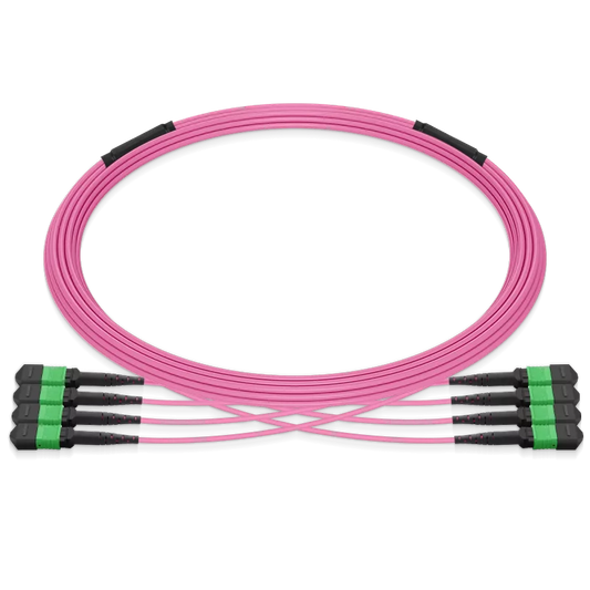 5m (16ft) Pre-terminated MPO 4x4 Shuffle Trunk Cable, 32 Fibers, 4xMPO-8 APC (Male) to 4xMPO-8 APC (Male), Multimode (OM4), Type 4, LSZH, 0.35dB Max, Breakout 80cm, Magenta SFPS
