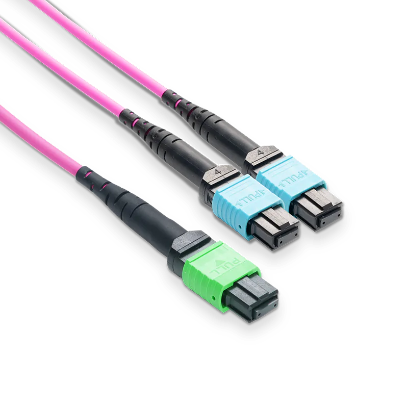 5m (16ft) MPO-16 APC (Female) to 2xMPO-8 UPC (Female) Multimode (OM4) Breakout, Type B, LSZH, 3.0mm, Max IL â‰¤ 0.35dB, Magenta SFPS