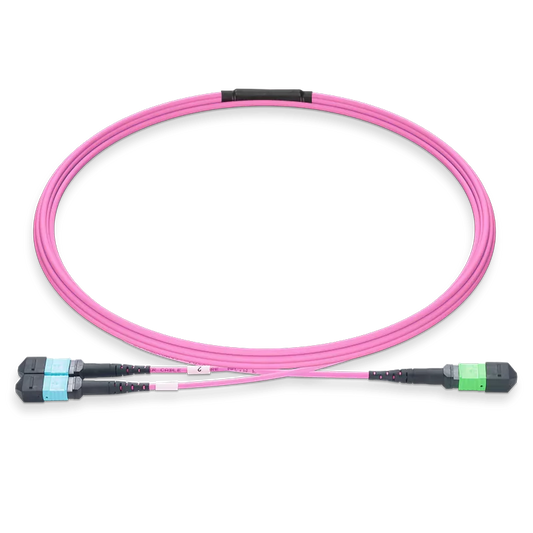 30m (98ft) MPO-16 APC (Female) to 2xMPO-8 UPC (Female) Multimode (OM4) Breakout, Type B, LSZH, 3.0mm, Max IL â‰¤ 0.35dB, Magenta SFPS